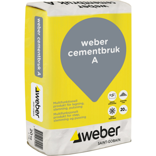 Förpackning av Weber cementbruk A med information och logotyper på framsidan.
