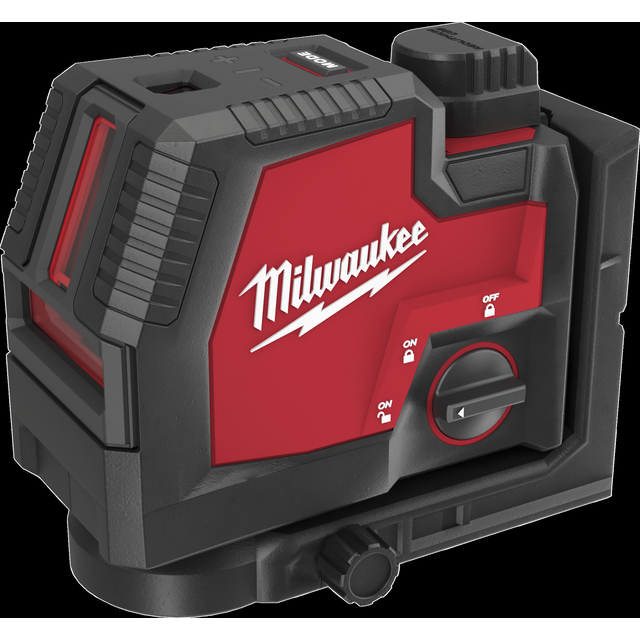 Röd och svart Milwaukee laserverktyg med reglage för av/på och justering.