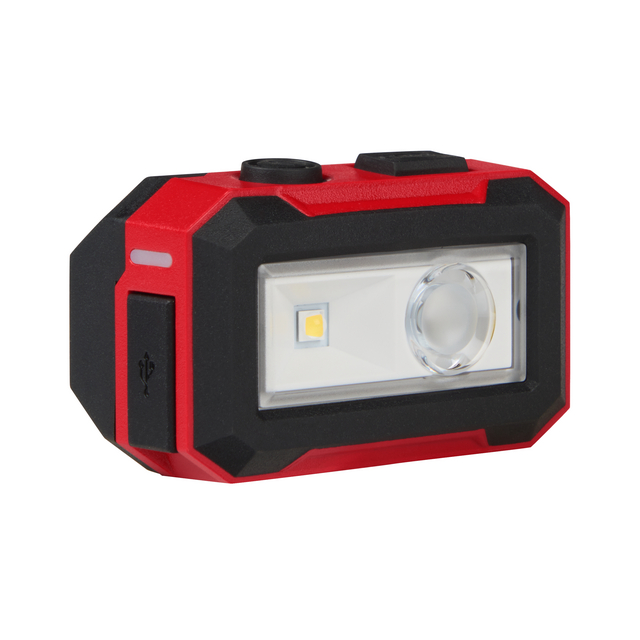 Röd och svart bärbar LED-arbetslampa med USB-laddningsport.