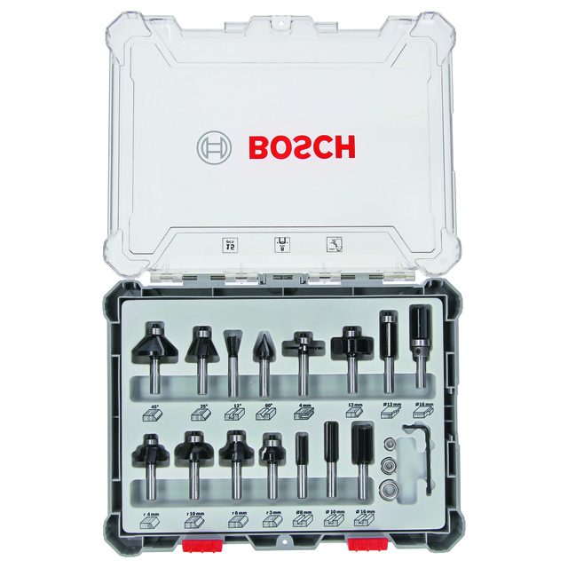Förvaringslåda med 15 stycken blandade frässtål. Bosch-logotyp på locket.