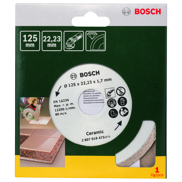 Diamantkapskiva för keramiska plattor från Bosch, 125 mm diameter, 22,23 mm hålstorlek, 1,7 mm tjocklek.