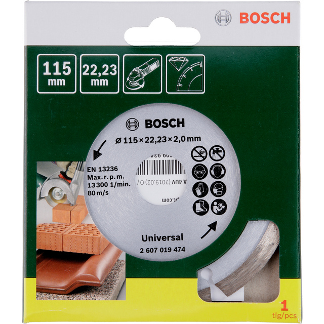 Förpackning med ett Bosch kapskiva, 115 mm x 22,23 mm, 80 m/s, med olika materialikoner.