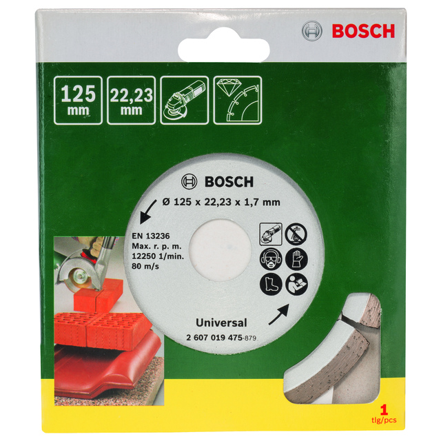 Rund kapskiva för sten, Bosch. Grön förpackning med bilder av röd tegel och sten. Storlek: 125 mm, 22,23 mm, 1,7 mm.