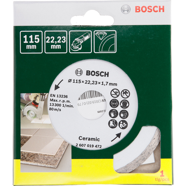 Förpackning med Bosch keramisk kapskiva, 115 mm diameter, 22,23 mm hål, max 13300 rpm, 80 m/s.