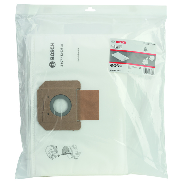 Dammsugarpåse från Bosch i transparent plastförpackning med etikett och produktinformation.