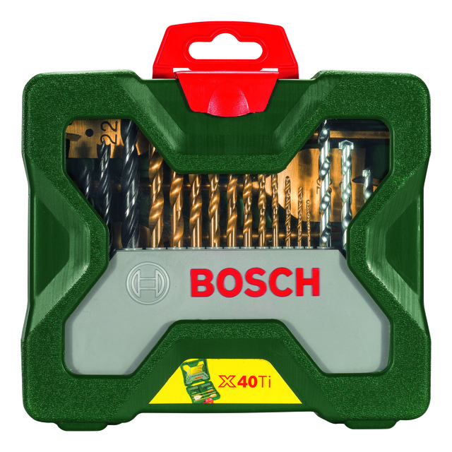 Borrbitsats i grön plastlåda med genomskinligt lock och röda detaljer, märkt BOSCH.