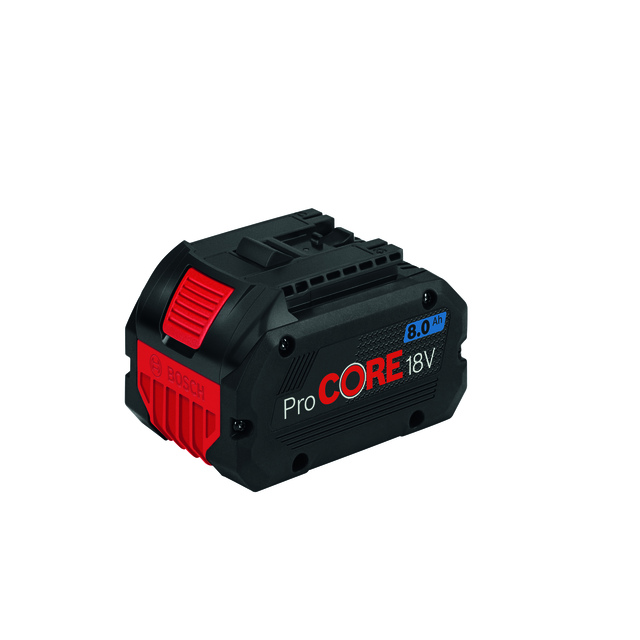 ProCORE 18V 8.0Ah batteri med svart och röd design, Bosch-logotyp.