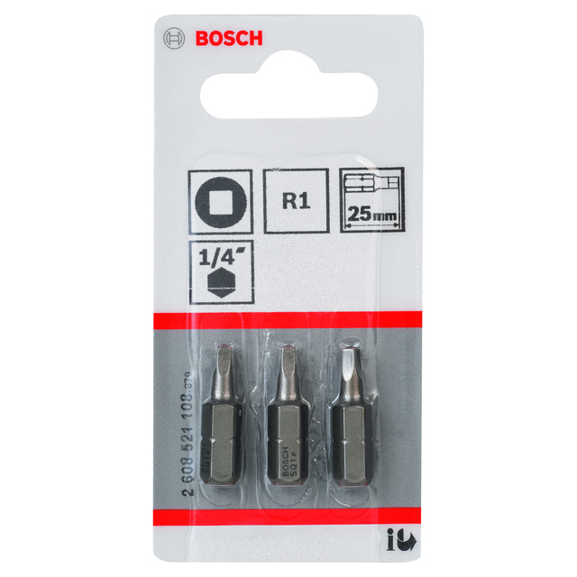 Förpackning med tre Bosch bits, R1, 25 mm, 1/4 tum.