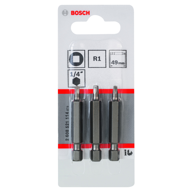 Förpackning med tre Bosch bits, R1, 1/4 infästning, 49 mm lång.