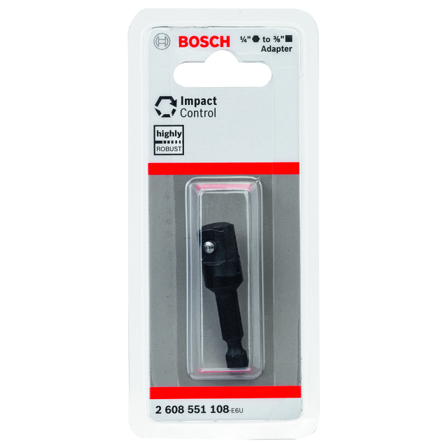 Förpackning med Bosch ¼ till ¾ adapter, märkt Impact Control. Kvalitetscertifiering: highly robust. Produktnummer: 2 608 551 108.