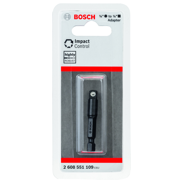 Förpackning med Bosch Impact Control adapter 1/4 till 1/4, hård och robust. Artikelnummer 2 608 551 109.