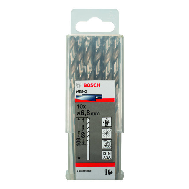 Förpackning med 10 Bosch HSS-G borr, 6,8 mm x 109 mm, DIN 338 standard.