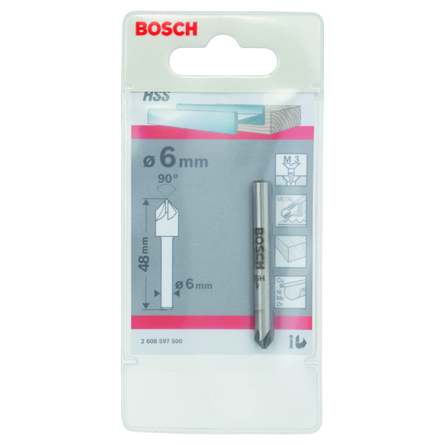 Förpackning med Bosch försänkare, 6 mm, 90°, visas genom plastfodral.
