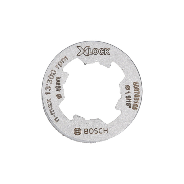 Metallisk skiva med text XLOCK, Bosch, 13000 rpm, Ø 60mm, och andra markeringar.