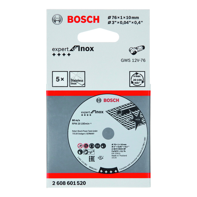 Bosch-expert inox. Diameter: 76x10 mm. Thickness: 0,04 inches. Max RPM: 20,100. Contains 5 pieces.