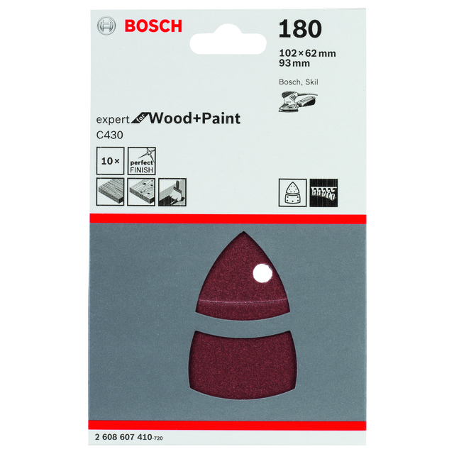Förpackning av Bosch Expert Wood+Paint slipmedel 180, med två bågformade slipark.