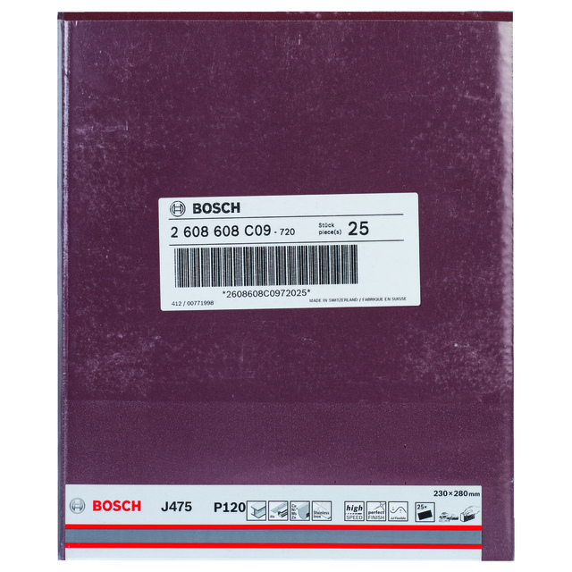 Sandpapper Bosch J475 P120 230x280 mm, etikett med artikelnummer, streckkod och lagerinformation.