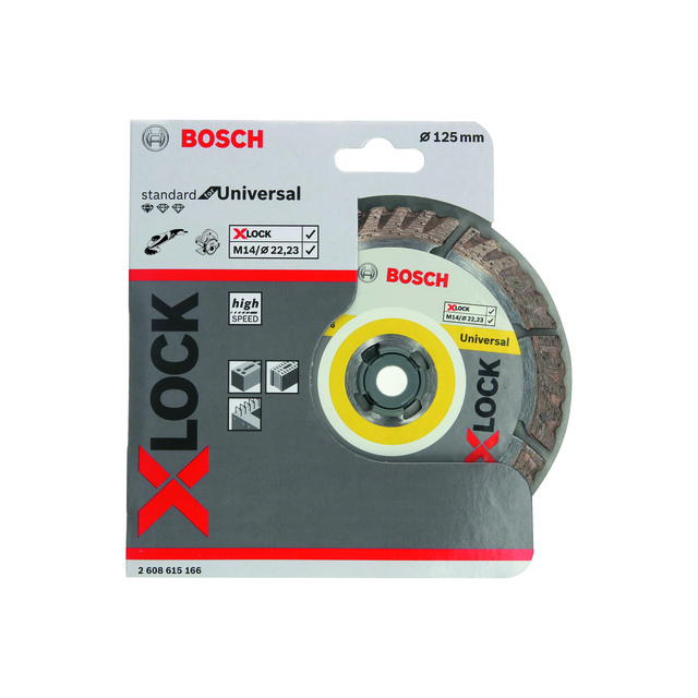 Förpackning med en Bosch X-Lock diamantskiva, standard universal, 125 mm.