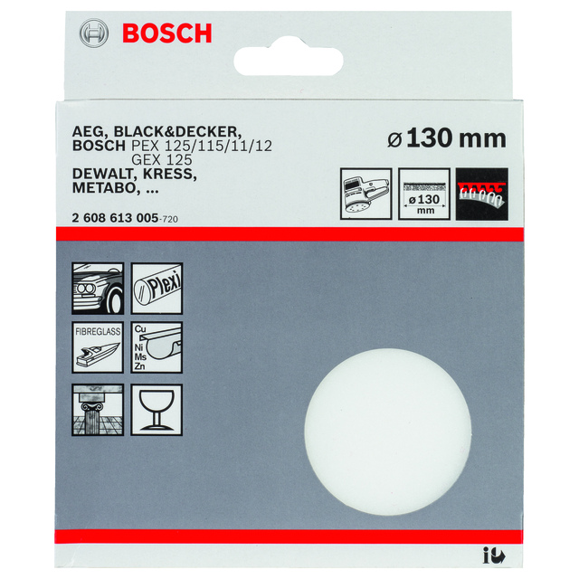 Förpackning för Bosch sliprondell, 130 mm diameter, kompatibel med olika verktygsmärken.