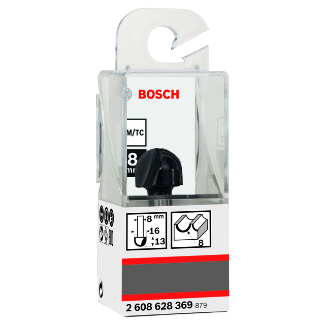 Förpackning från Bosch med frässtål, 8 mm. Innehåller text och symboler för produktinformation.
