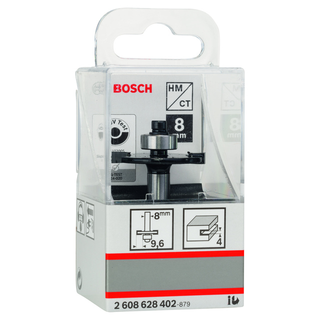 Förpackning med Bosch frässtål, HM CT, diameter 8 mm, visar tekniska specifikationer på förpackningen.
