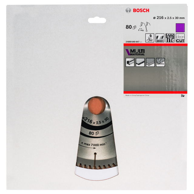 Sågklinga från Bosch, diameter 216 mm, tjocklek 2,5 mm, 80 tänder, max 7000 varv/min, för multimaterial.
