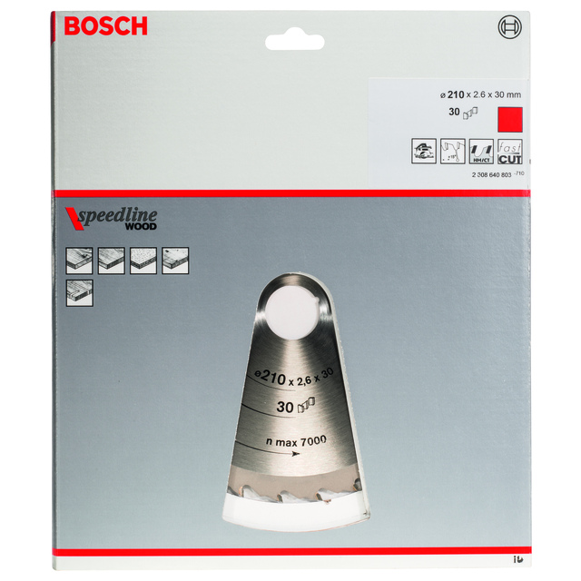 Förpackning till ett Bosch speedline wood sågblad, med dimensioner och varvbegränsning tryckta på.