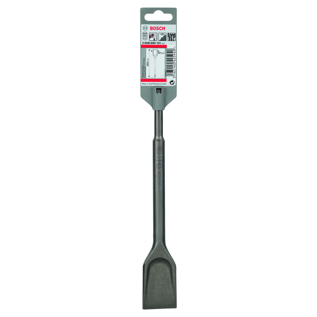 Skruvmejsel med platt huvud och Bosch-märke på handtaget, etikett med produktinformation.