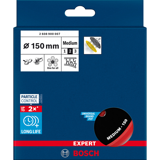Förpackning för Bosch sliprondeller Ø 150 mm, medium, med ikon för längre livslängd och universell passform.