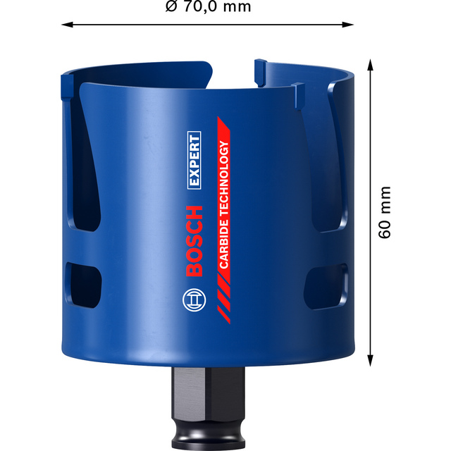 Hålsåg från Bosch Expert, blå med Carbide Technology märkning. Diameter: 70,0 mm, höjd: 60 mm.
