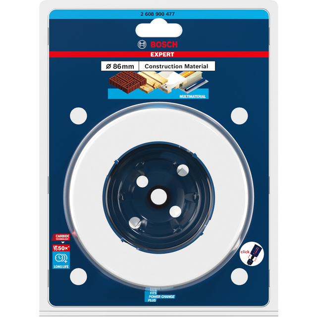Verktyg för byggmaterial, Bosch Expert, Ø 86 mm. Förpackning med illustrationer av användning på byggmaterial.