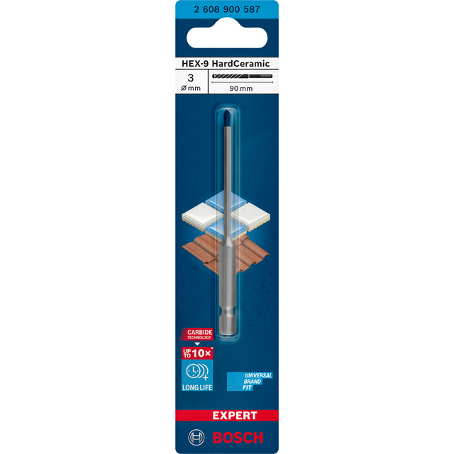 Förpackning av Bosch HEX-9 HardCeramic borr, 3 mm x 90 mm. Long Life och Expert står angivna.