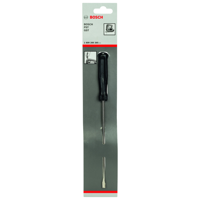 Förpackning med en Bosch skruvmejsel med svart handtag och metallklinga.