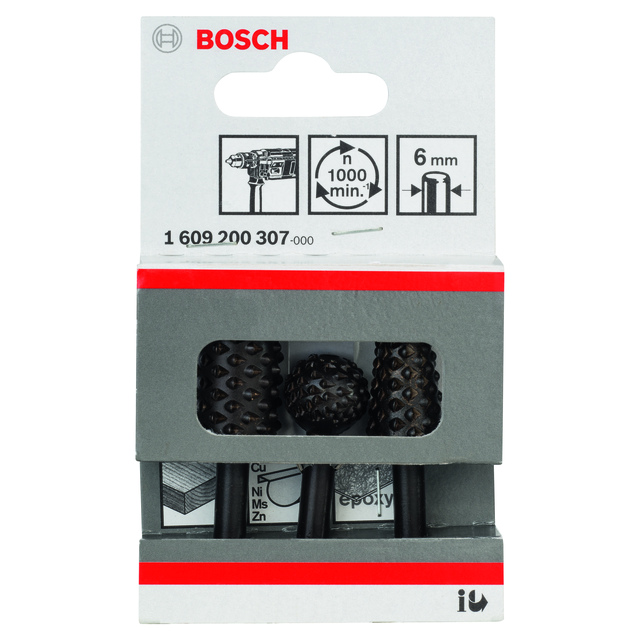 Förpackning med Bosch-slipverktyg för borrmaskin, med specifikation för 6 mm och 1000 min.
