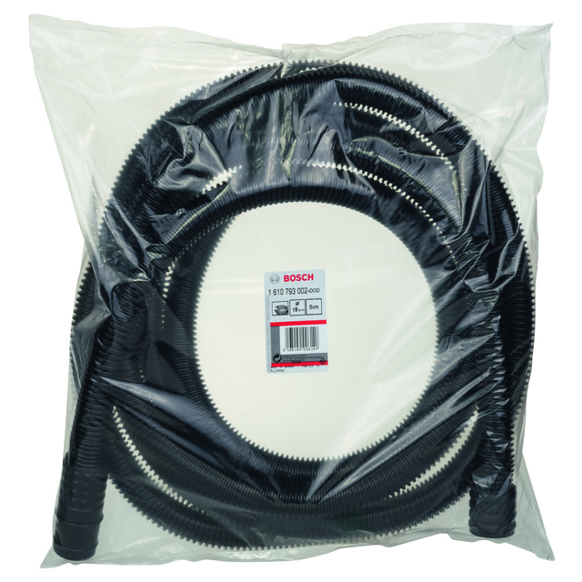 En svart Bosch slang i en genomskinlig plastförpackning med etikett.