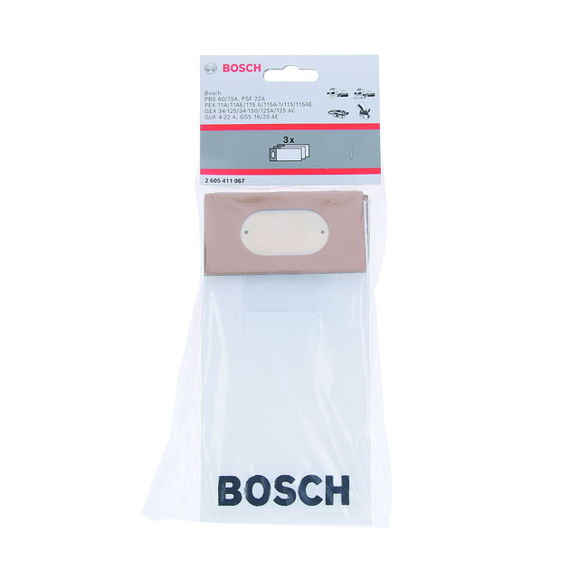 Förpackning med tre Bosch dammsugarpåsar och en filter, modellnummer 2605411181.