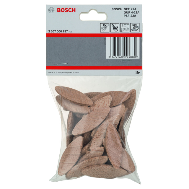 Förpackning med Bosch träplugg, produktnummer 2 607 000 797, innehåller träbitar formade som skivor.