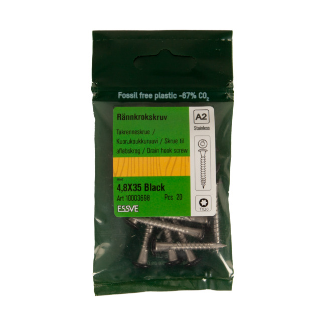 RÄNNKROKSKRUV ROSTFRI A2 SVART RAL9011 TX20 4,8X35 20ST | Beijerbygg Byggmaterial
