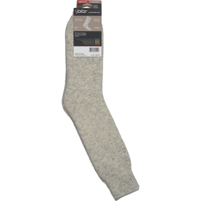 Grå socka med etikett som visar tvättsymboler och texten Jalas samt information om storlek och material.