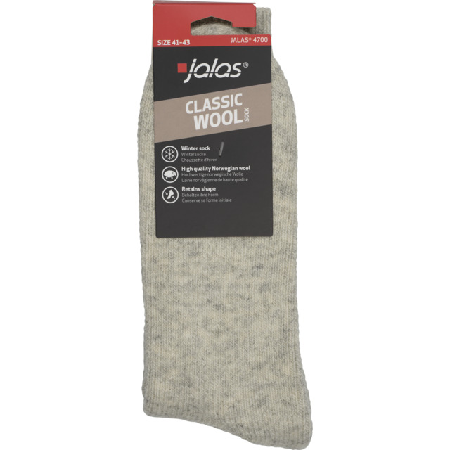 Grå ullstrumpa med etikett, Jalas Classic Wool. Text: Winter sock, High quality Norwegian wool, Retains shape. Storlek 41-43.