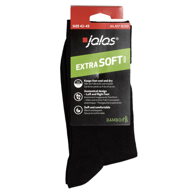 Svart strumpa med etikett som visar jalas EXTRA SOFT SOCK. Storlek 42-43.