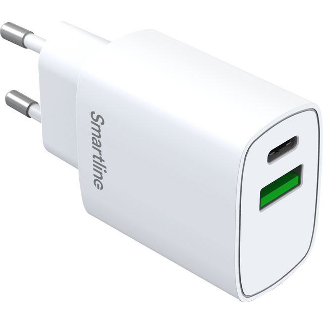 VÄGGLADDARE USB-A + USB-C PD QC SMARTLINE VIT 100-240V 20W