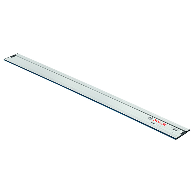 Lång, smal metallräl med Bosch-logga och mätstreck, troligen en styrskena för verktyg.