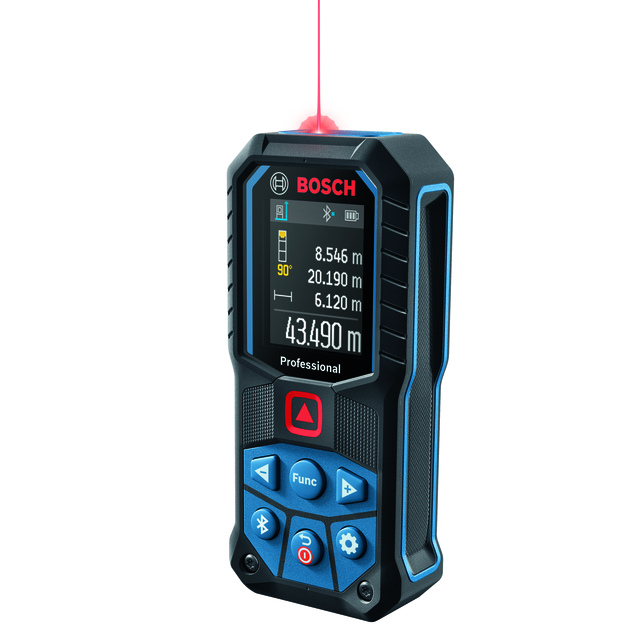 Handhållen laseravståndsmätare med display som visar flera avståndsmätningar. Bosch-logotypen syns ovanför displayen.