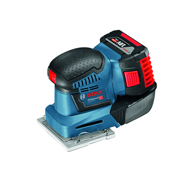 Blå och svart sladdlös slipmaskin med handtag och röd knapp, märkt Bosch Professional.