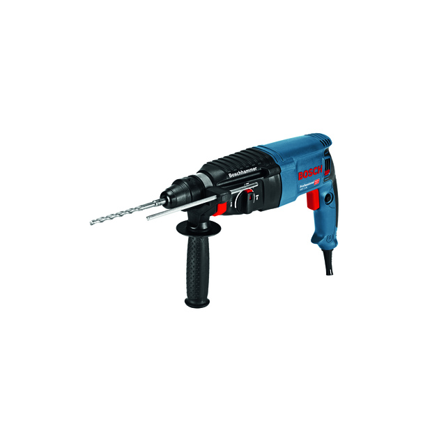 Elektrisk borrhammare med blå och svart design, sidohandtag och borr fäst framtill.