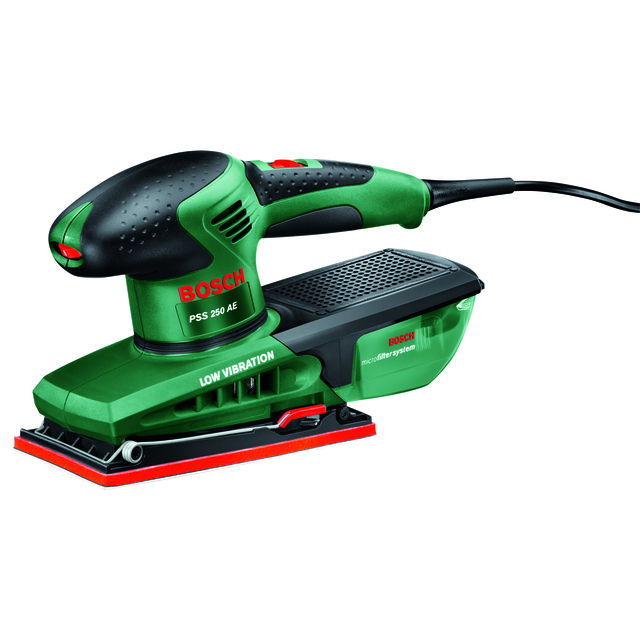 Grön och svart elektrisk slipmaskin från Bosch, modell PSS 250 AE, Low Vibration.