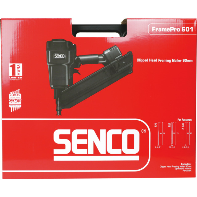 Röd förpackning med Senco FramePro 601 spikpistol. Text: 1 Year Limited, Clipped Head Framing Nailer 90mm.