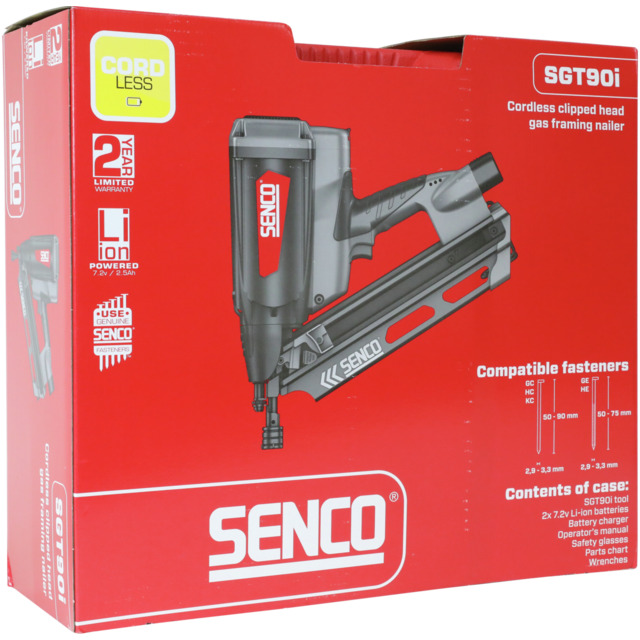 Förpackning för Senco SGT90i, batteridriven gasdriven spikpistol, kompatibla fästdon storlekar anges.