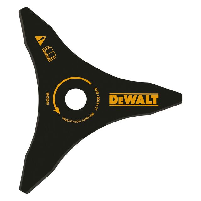 Svart trekantig röjsågsklinga med orange text och symboler, inklusive varumärket DeWALT.